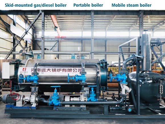 portable steam boiler, mobile steam boiler, skid-mounted gas oil boiler