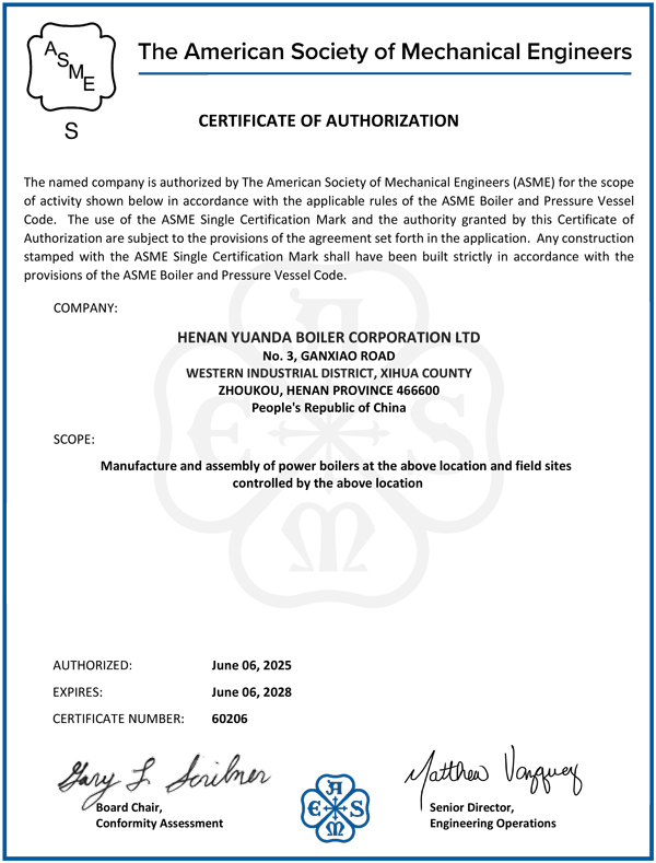 Yuanda Boiler Products Compliant With ASME S U Certificate